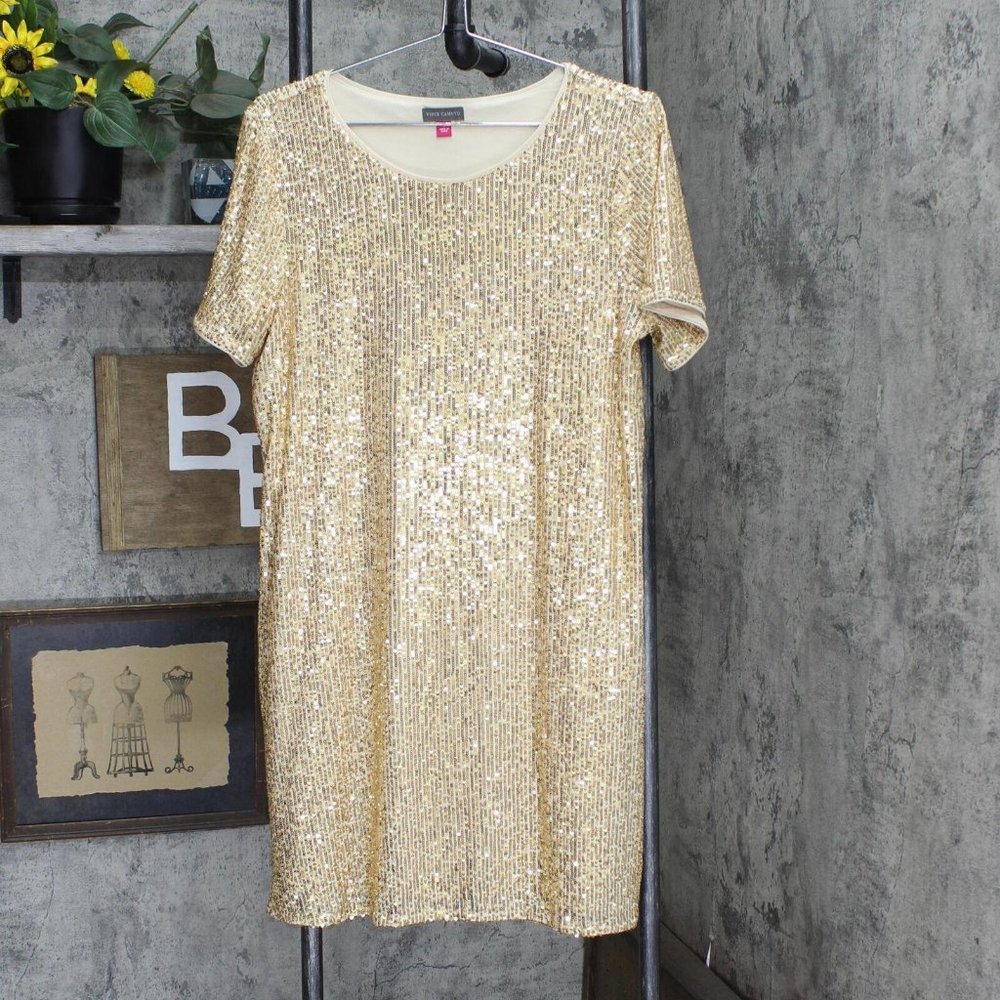 NEW Vince Camuto Sleeve Round Neck Sequin Shift Dress 91522713 Gold Yellow L - Picture 1 of 5